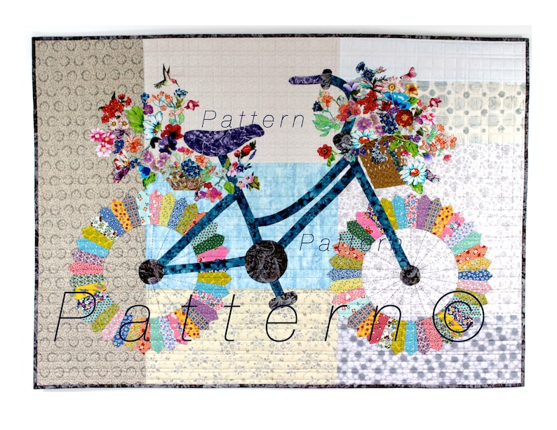 Whimsical bicycle art quilt pattern featuring Dresden Block. Stitch one for yourself or a fat tire bike loving friend, cyclers or flower lovers. A fresh modern design using a vintage quilt block. Wall Art. Original design by sally manke fiber artist.