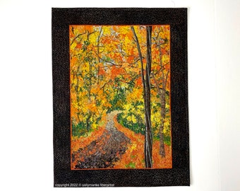 Confetti Quilt Landscape, Quilted Wall Hanging, Fiber Art, Back Road, Autumn Fall Woodland Decor, Sally Manke, Art Quilts for Sale 18X24 in.
