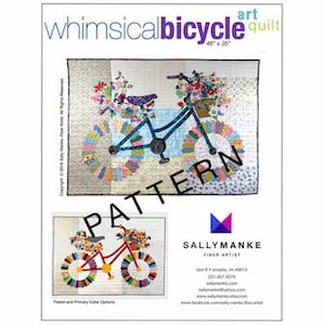 Whimsical bicycle art quilt pattern featuring Dresden Block. Stitch one for yourself or a fat tire bike loving friend, cyclers or flower lovers. A fresh modern design using a vintage quilt block. Wall Art. Original design by sally manke fiber artist.