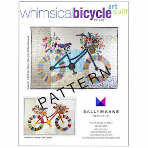 Whimsical Bicycle Art Quilt PATTERN, READY to SHIP, 46” X 35”, Wall Art, Cycle Art, Modern Floral Quilted, Fat Tire Bike Lovers, Sally Manke