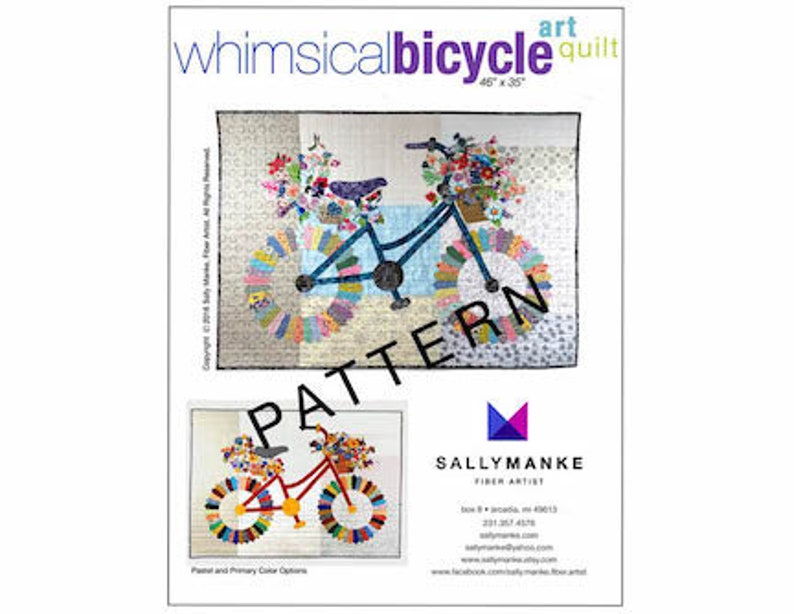 Whimsical Bicycle Art Quilt PATTERN, READY to SHIP, 46” X 35”, Wall Art, Cycle Art, Modern Floral Quilted, Fat Tire Bike Lovers, Sally Manke 