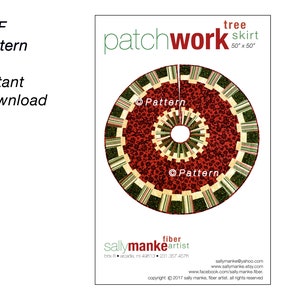 May include: A circular patchwork tree skirt pattern, 127cm x 127cm, with a red and cream colour scheme. The design features a central opening and concentric rings of patterned fabric. The text "patchwork tree skirt" and "PDF Pattern for Instant Download" are visible.