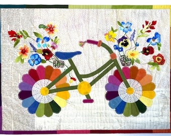 Mini Whimsical Bicycle Art Quilt, Original Design, Wall Art Cycle, Art Modern Floral Bike, Vintage Bike, Quilted Home Decor, Sally Manke Art