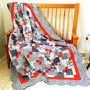 Navy & White Quilted Lap Throw, Cottage Chic Red Accent, Handmade Quilt For Sale, 80 X 66 inches Patchwork, Dorm Quilt, FREE SHIP T USA