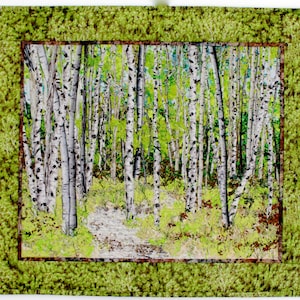 Quilted Wall Hanging, Fiber Art, Woodland Trail, Confetti Quilt Landscape, Spring Green, Birch Tree Decor, Sally Manke FIber Art, Original