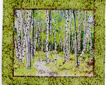 Quilted Wall Hanging, Fiber Art, Woodland Trail, Confetti Quilt Landscape, Spring Green, Birch Tree Decor, Sally Manke FIber Art, Original