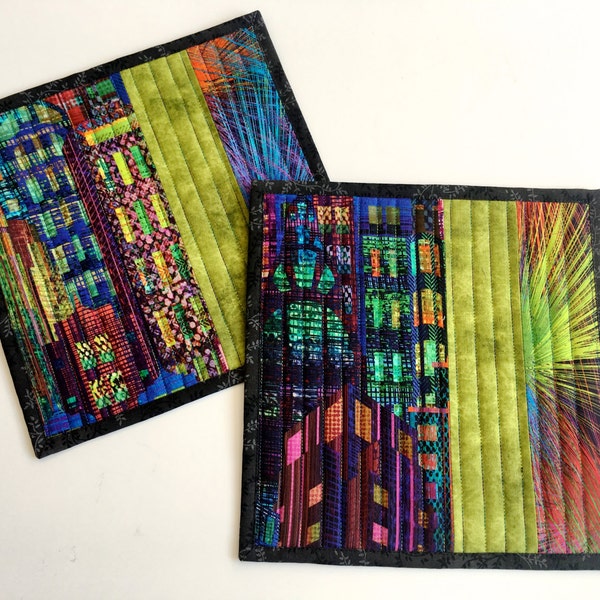 Quilted Mug Rug  Cityscape Fireworks  Set of 2  Urban Buildings  Modern Fiber Art  Candle Mats  Green and Black  Coffee Coaster Snack Mat