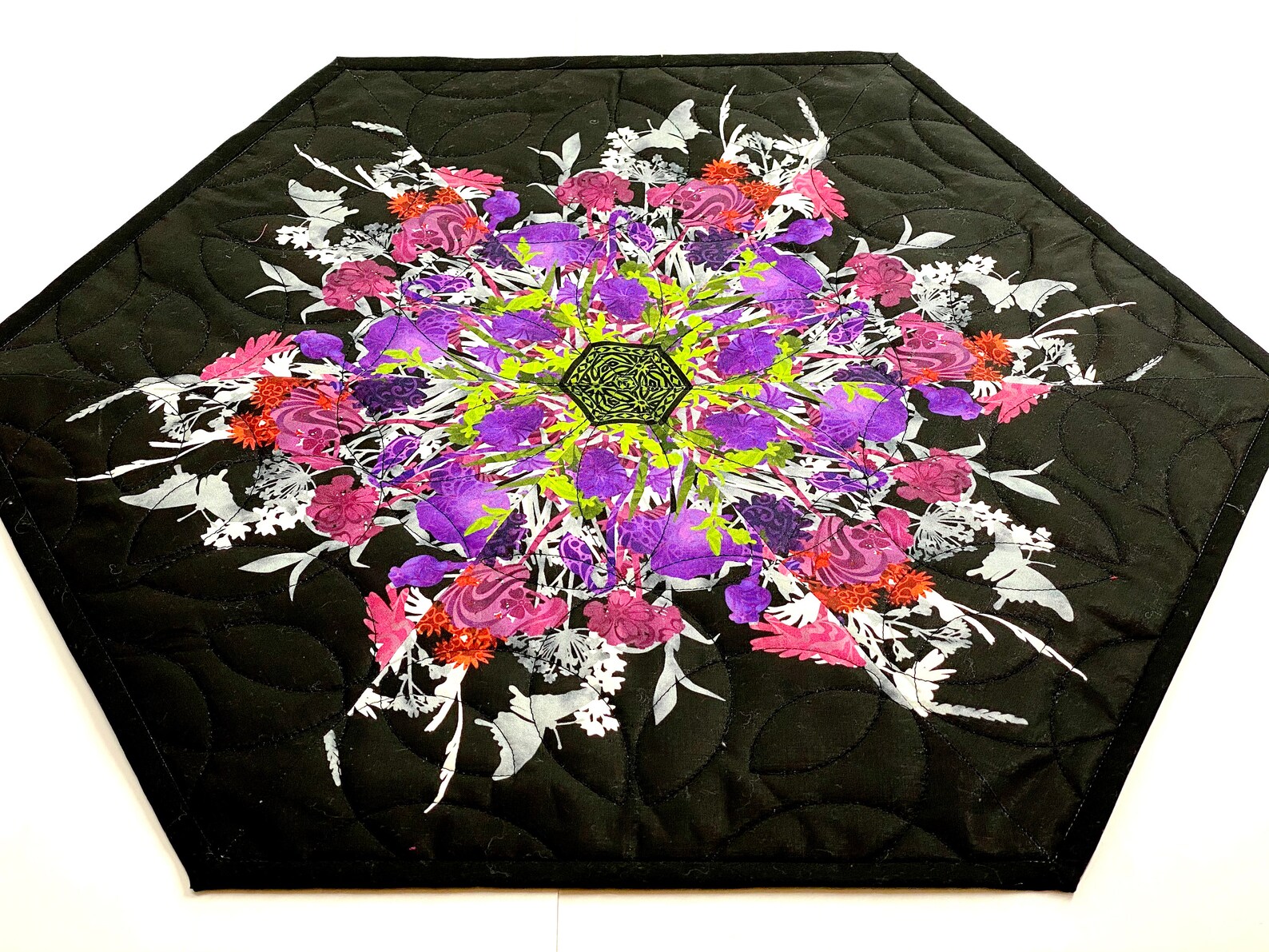 Spring Table Topper Quilted Spring Table Topper, Floral Decor, Butterfly Dragonfly Design ...