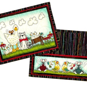 Set of two quilted mini placements or large mug rugs with sweet animal designs that include dog, goose, mice birds and flowers. Printed panels are accented with multi-colored pinstriped fabric on black background. Each mat measure 10-1/2 X 8-1/2