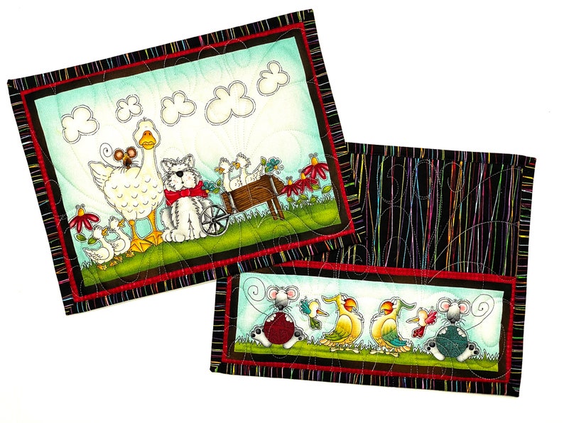 Set of two quilted mini placements or large mug rugs with sweet animal designs that include dog, goose, mice birds and flowers. Printed panels are accented with multi-colored pinstriped fabric on black background. Each mat measure 10-1/2 X 8-1/2