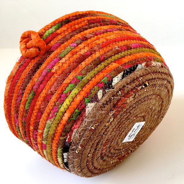 Clothesline Rope, Autumn Basket,  Hand Coiled, Fabric Bowl, Warm Color Decor, Sally Manke FiberArt, Large Organizer, Quilted Vibrant Decor