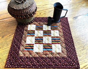 Primitive Patchwork Table Topper in Brown Tones, Quilted 14" Square Fiber Wall Decor, Country Quilt