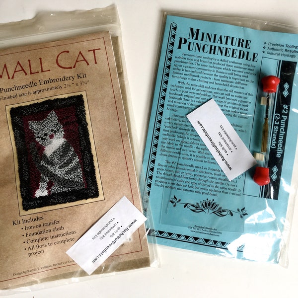 Small Cat Punchneedle Kit, Punch Needle Embroidery, Miniature Tool, Kitten Textile Project, DMC Floss, Rachel of Greenfield, Pattern Fabric