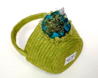 Yarn Easter Basket. Small Handmade Basket, Chartreuse Green Organizer, Fiber Art Decor, Repurposed Upcycled, Petite Fiber Bowl, Sally Manke