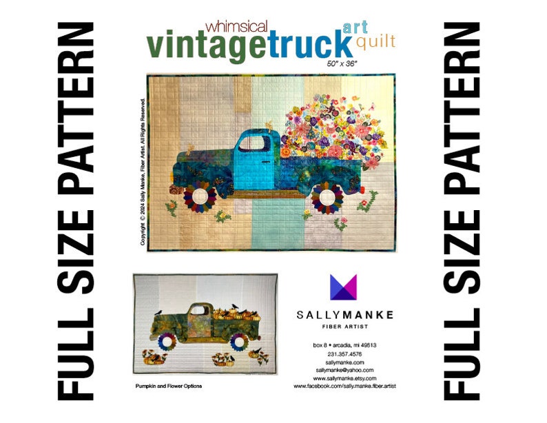 Whimsical Vintage Truck Art Quilt PATTERN, 50 X 36 Original Wall Art, Two VariationsTruck Lovers, Truck Quilt Patterns, Sally Manke imagem 1