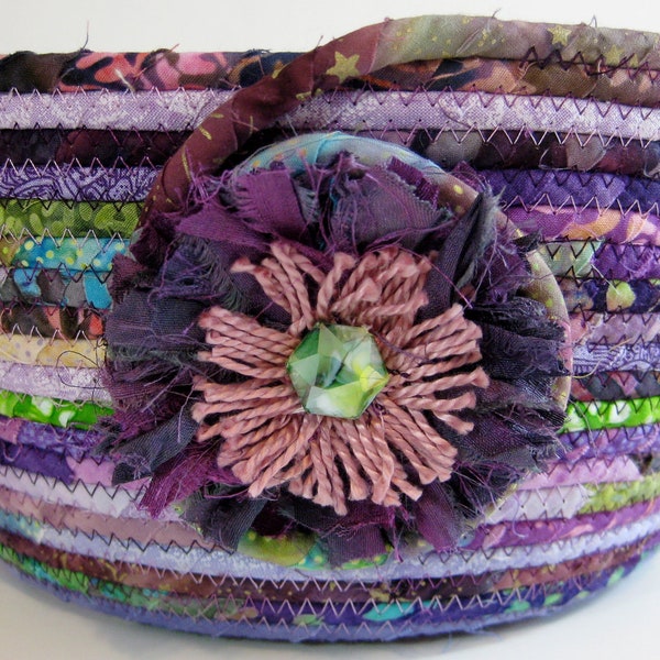 Rope Basket  Hand Coiled  Lavendars with a Touch of Green