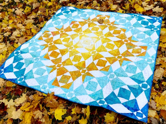 Patchwork Quilted Lap Throw Blue Yellow Quilt Modern Decor