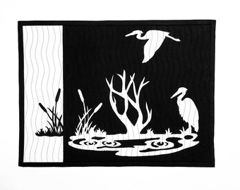Blue Heron Art Quilt, Silhouette Wall Decor, Blue Heron Wall Hanging, Black & White Landscape, Cottage Decor, Quilted Office Decor, Cattails