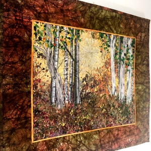 Quilted Wall Hanging, Fiber Art, Woodland Sunrise, Confetti Quilt Landscape, Autumn Birch Tree Decor, Sally Manke, Art Quilts for Sale 23X20 image 2