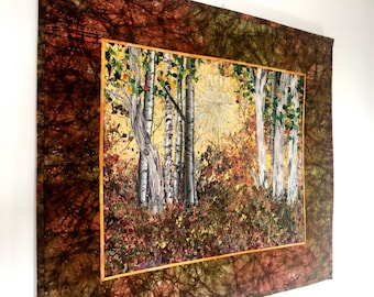 Quilted Wall Hanging Fiber Art Woodland Sunrise Confetti Quilt Landscape Autumn Birch Tree Decor Sally Manke Art Quilts for Sale