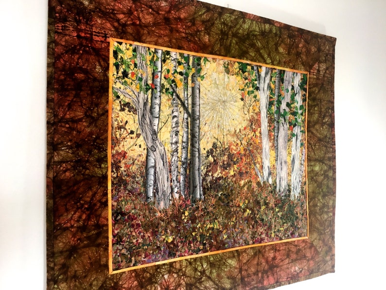Quilted Wall Hanging, Fiber Art, Woodland Sunrise, Confetti Quilt Landscape, Autumn Birch Tree Decor, Sally Manke, Art Quilts for Sale 23X20 image 2