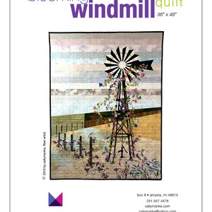 Blooming Windmill Art Quilt Pattern, Original Design Wall Art, Farm Lovers Gift, Quilters Gift, Full Sized Pattern, Sally Manke, 36 X 48 afbeelding 1