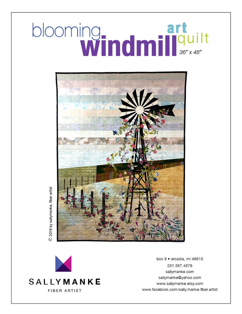 Blooming Windmill Art Quilt Pattern, Original Design Wall Art, Farm Lovers Gift, Quilters Gift, Full Sized Pattern, Sally Manke, 36 X 48 afbeelding 1