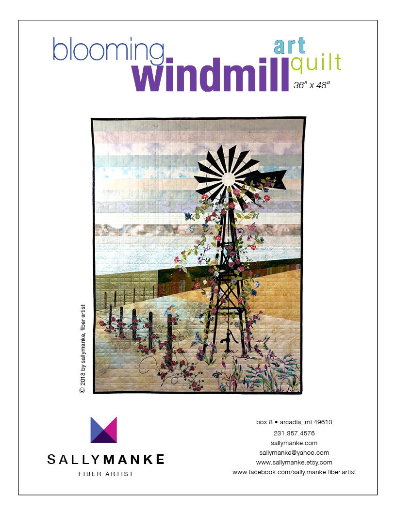 Blooming Windmill Art Quilt Pattern, Original Design Wall Art, Farm Lovers Gift, Quilters Gift, Full Sized Pattern, Sally Manke, 36” X 48”