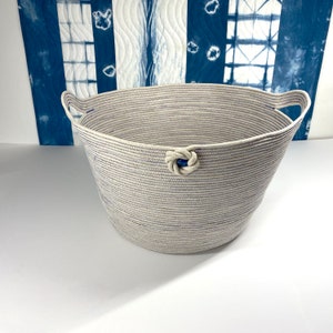 Super Sized Coiled Rope Basket Clutter Catcher, Blue and White Clothesline Storage Bucket, Unique Storage Solution image 3