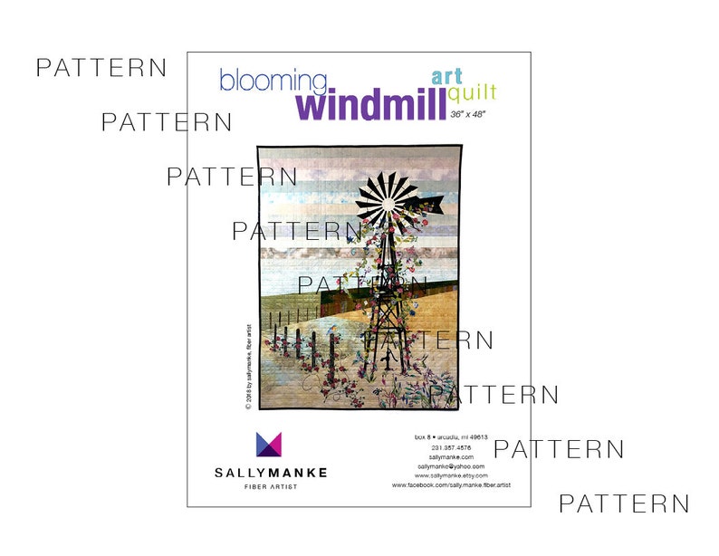 Blooming Windmill Art Quilt Pattern, Original Design Wall Art, Farm Lovers Gift, Quilters Gift, Full Sized Pattern, Sally Manke, 36 X 48 afbeelding 3