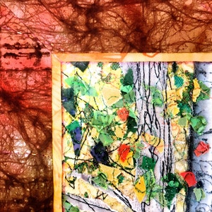 Quilted Wall Hanging, Fiber Art, Woodland Sunrise, Confetti Quilt Landscape, Autumn Birch Tree Decor, Sally Manke, Art Quilts for Sale 23X20 image 4