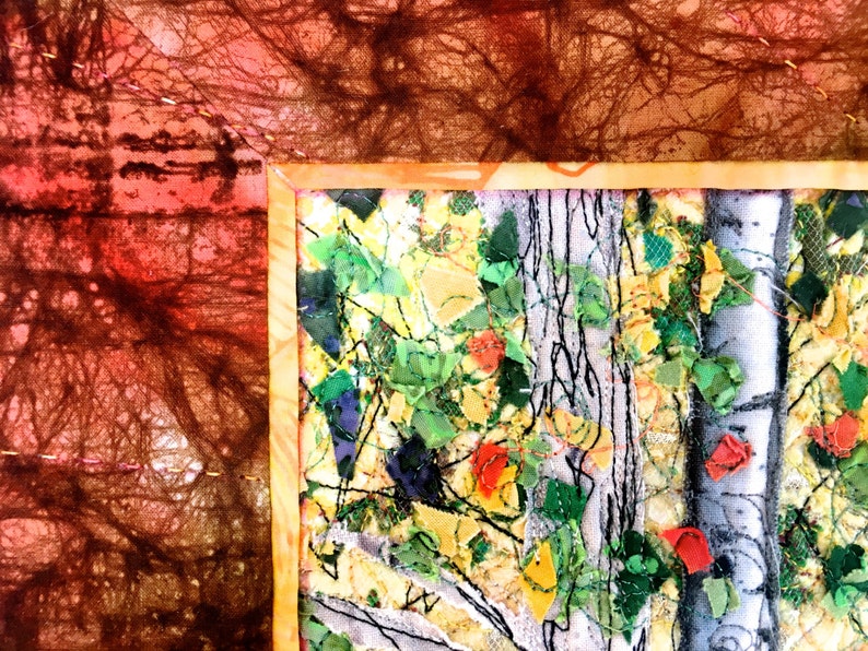 Quilted Wall Hanging, Fiber Art, Woodland Sunrise, Confetti Quilt Landscape, Autumn Birch Tree Decor, Sally Manke, Art Quilts for Sale 23X20 image 4