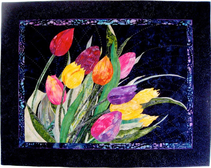 Art Quilt Wind Tossed Tulips Quilted Applique Wall Hanging Etsy