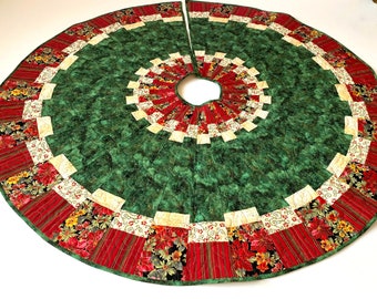 Quilted Handmade Tree Skirt Modern Christmas Patchwork Metallic Cotton Fabric Ready to Ship Heirloom Wedding Gift  Holiday Red Green Quilt