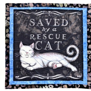 Saved by a Rescue Cat Mug Rugs, Quilted Kitty Themed Handmade Mini Quilts, Dark Gray and Blue Cat Lovers Set of 2 image 6