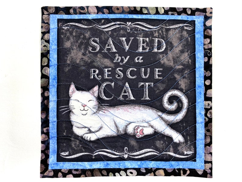 Saved by a Rescue Cat Mug Rugs, Quilted Kitty Themed Handmade Mini Quilts, Dark Gray and Blue Cat Lovers Set of 2 image 6