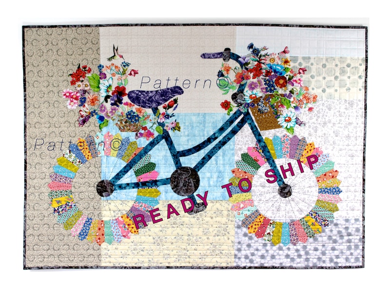 Whimsical bicycle art quilt pattern featuring Dresden Block. Stitch one for yourself or a fat tire bike loving friend, cyclers or flower lovers. A fresh modern design using a vintage quilt block. Wall Art. Original design by sally manke fiber artist.