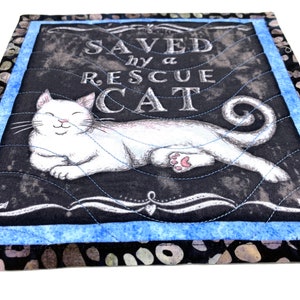 Saved by a Rescue Cat Mug Rugs, Quilted Kitty Themed Handmade Mini Quilts, Dark Gray and Blue Cat Lovers Set of 2 image 7