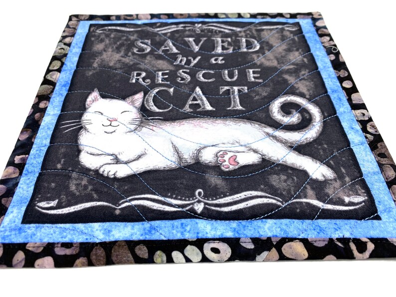 Saved by a Rescue Cat Mug Rugs, Quilted Kitty Themed Handmade Mini Quilts, Dark Gray and Blue Cat Lovers Set of 2 image 7