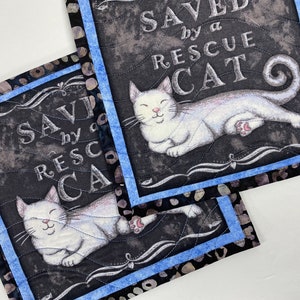 Saved by a Rescue Cat Mug Rugs, Quilted Kitty Themed Handmade Mini Quilts, Dark Gray and Blue Cat Lovers Set of 2 image 4