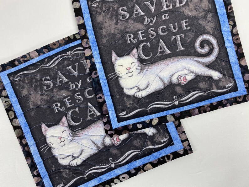 Saved by a Rescue Cat Mug Rugs, Quilted Kitty Themed Handmade Mini Quilts, Dark Gray and Blue Cat Lovers Set of 2 image 4