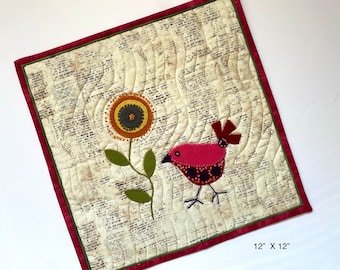 Little Bird Art Quilt with Hand Stitched Wool Appliqué and Embroidery , 12 X 12 Inch Wall Hanging, Whimsical Chick Fiber Decor