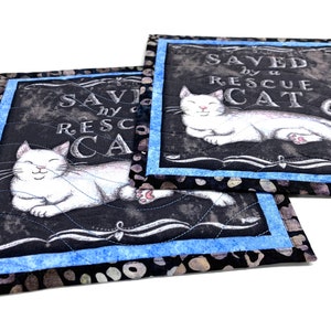 Saved by a Rescue Cat Mug Rugs, Quilted Kitty Themed Handmade Mini Quilts, Dark Gray and Blue Cat Lovers Set of 2 image 2