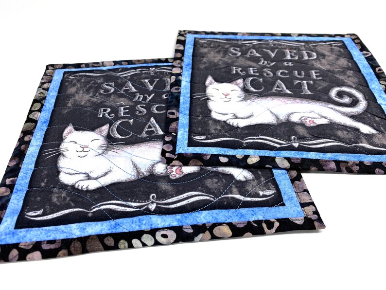 Saved by a Rescue Cat Mug Rugs, Quilted Kitty Themed Handmade Mini Quilts, Dark Gray and Blue Cat Lovers Set of 2 image 2