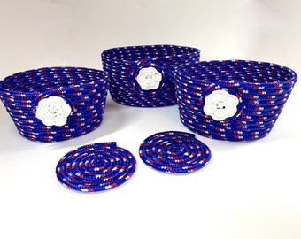 Three Nesting Bowls, Matching Coasters, Repurposed Coiled Rope, Blue Red White, Sturdy Organizers, Quilted Cord Container, Decorating Bundle