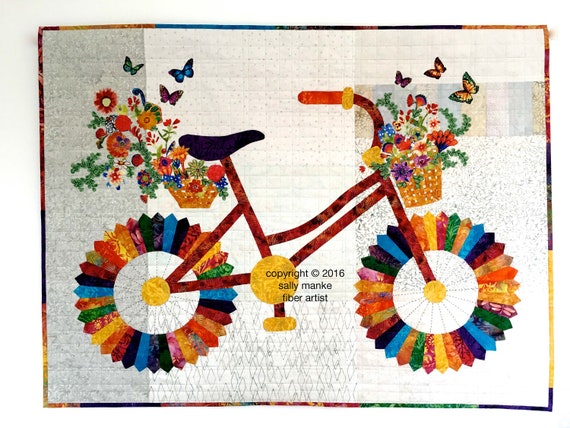 Whimsical Bicycle Art Quilt, Original Design, Wall Art Cycle, Art Modern Floral Bike, Vintage Bike, Quilted Home Decor, Sally Manke FiberArt