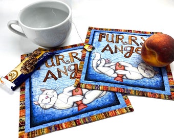 Quilted Kitty and Fish Themed Handmade Mini Quilts ,Cat Lovers Mug Rug Set of 2, Furry Angel Printed Panel