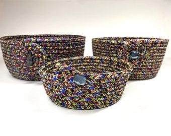 Three Nesting Bowls, Multi-Colored, Repurposed Coiled Rope, Functional Fiber Art, Sturdy Organizers, Quilted Cord Container, Bundle of Three