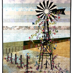 Blooming Windmill Art Quilt Pattern, Original Design Wall Art, Farm Lovers Gift, Quilters Gift, Full Sized Pattern, Sally Manke, 36 X 48 afbeelding 2