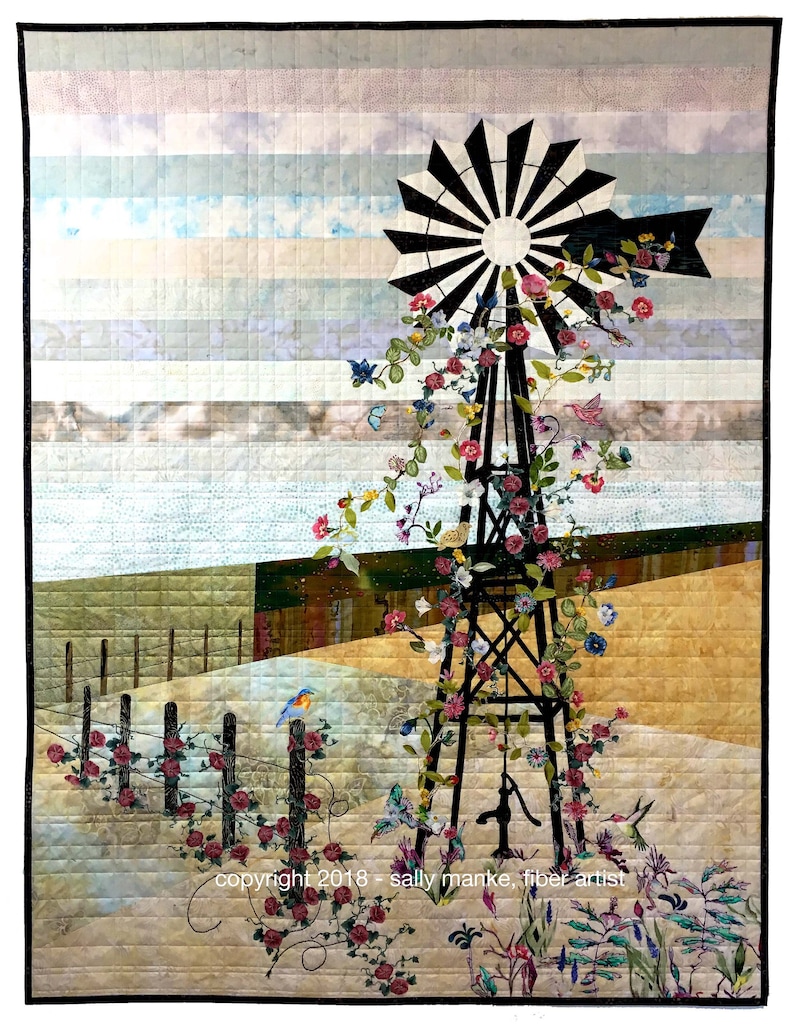 Blooming Windmill Art Quilt Pattern, Original Design Wall Art, Farm Lovers Gift, Quilters Gift, Full Sized Pattern, Sally Manke, 36 X 48 afbeelding 2